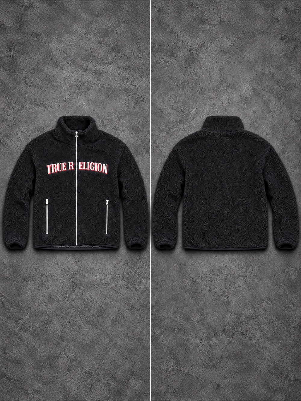 True Religion Black Sherpa Full-Zip Jacket with White Zippers and Red Logo